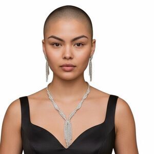 Rhinestone Tassel Necklace Jewelry Set Silver Tone Wedding Bridal Party Sparkly